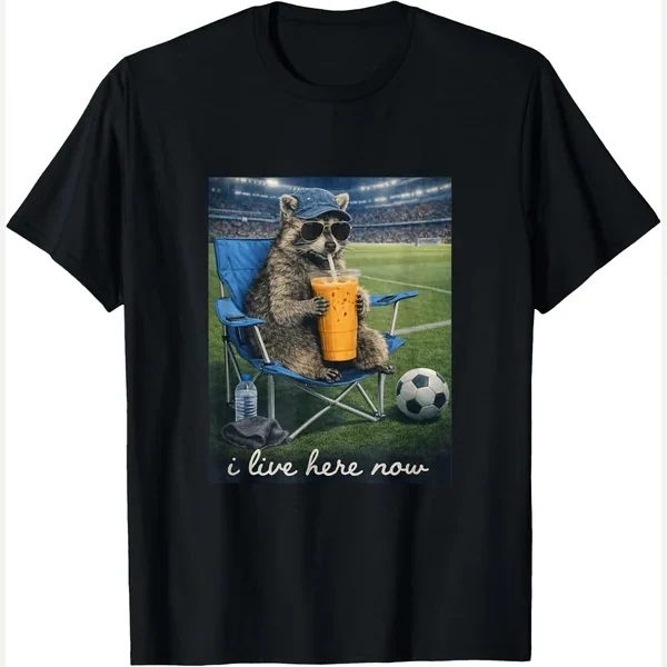 One-Liner t-shirt, black, funny raccoon soccer parent i live here now print by Funny Raccoon Soccer Parent I Live Here Now