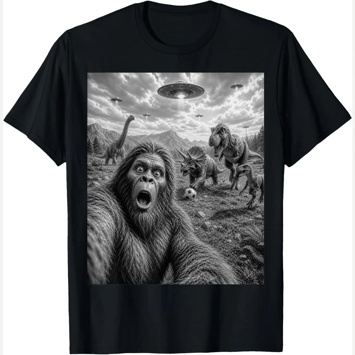 Bigfoot Selfie Dinosaurs UFO Mountain Scene print by Funny Bigfoot UFO Selfies
