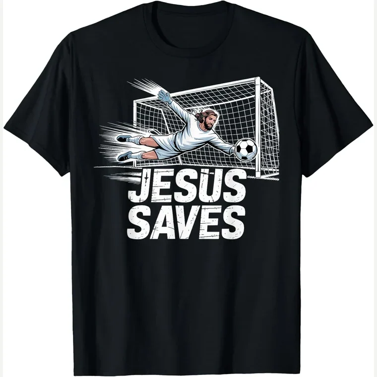 Jesus Saves Christian print, from the goalkeeper shirts department