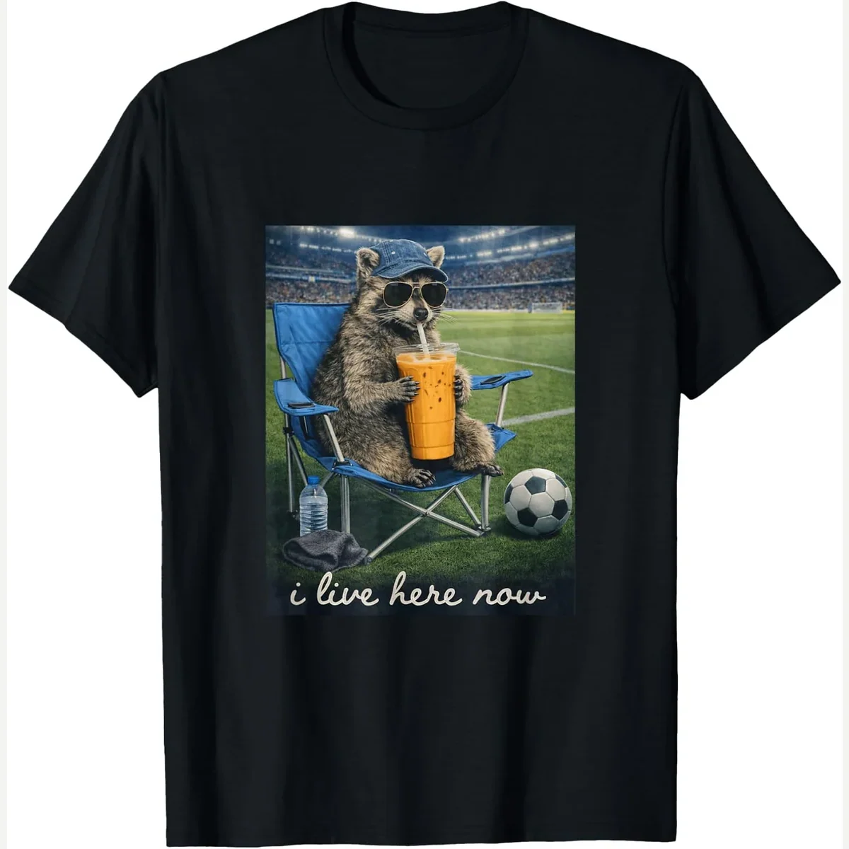 One-Liner t-shirt, black, funny raccoon soccer parent i live here now print by Funny Raccoon Soccer Parent I Live Here Now
