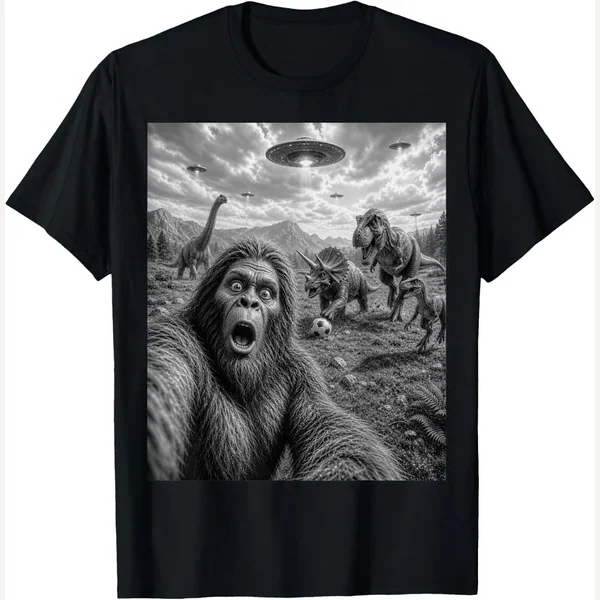 Bigfoot Selfie Dinosaurs UFO Mountain Scene print by Funny Bigfoot UFO Selfies