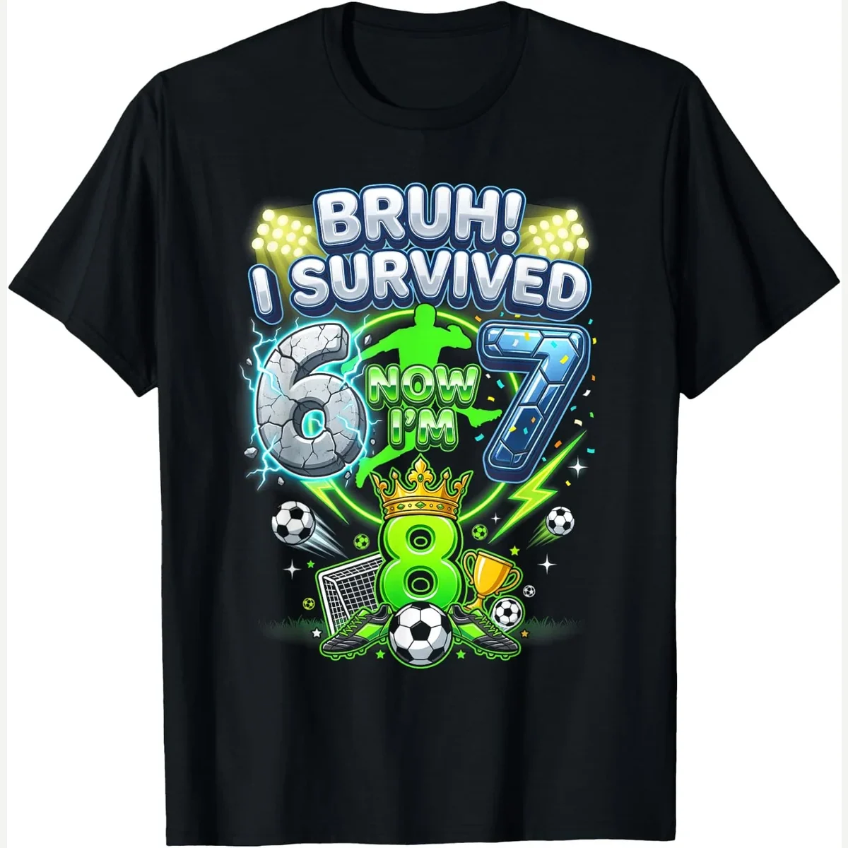 Bruh I Survived 6-7 Now I'm 8 8th print by 8th Birthday Six Seven Meme Soccer Lovers 67 Tees